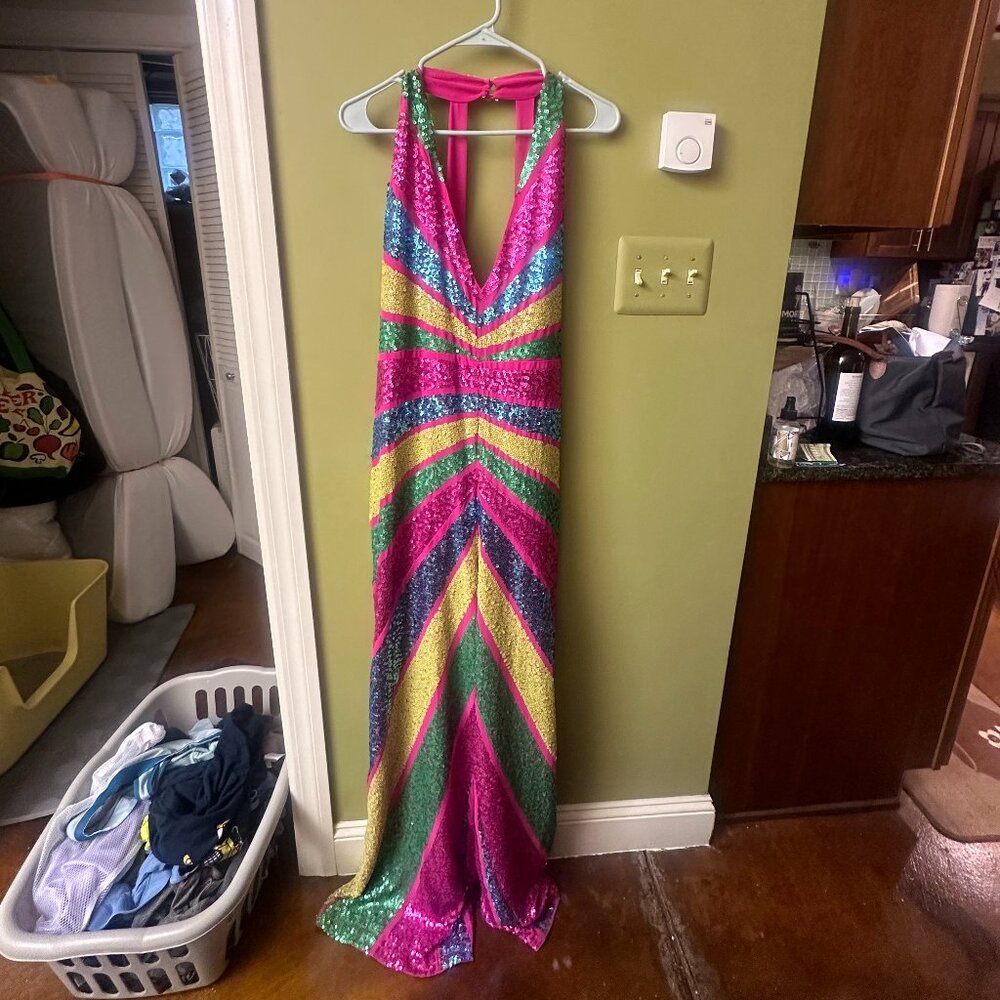 Sequin Colorblock Plunge Wide Leg Jumpsuit, Size 14